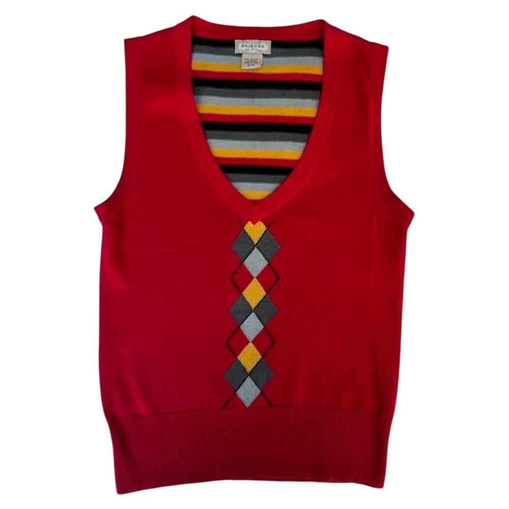 Vintage Y2K Arizona Jean Co Sweater Vest Womens M Red Argyle Striped Preppy